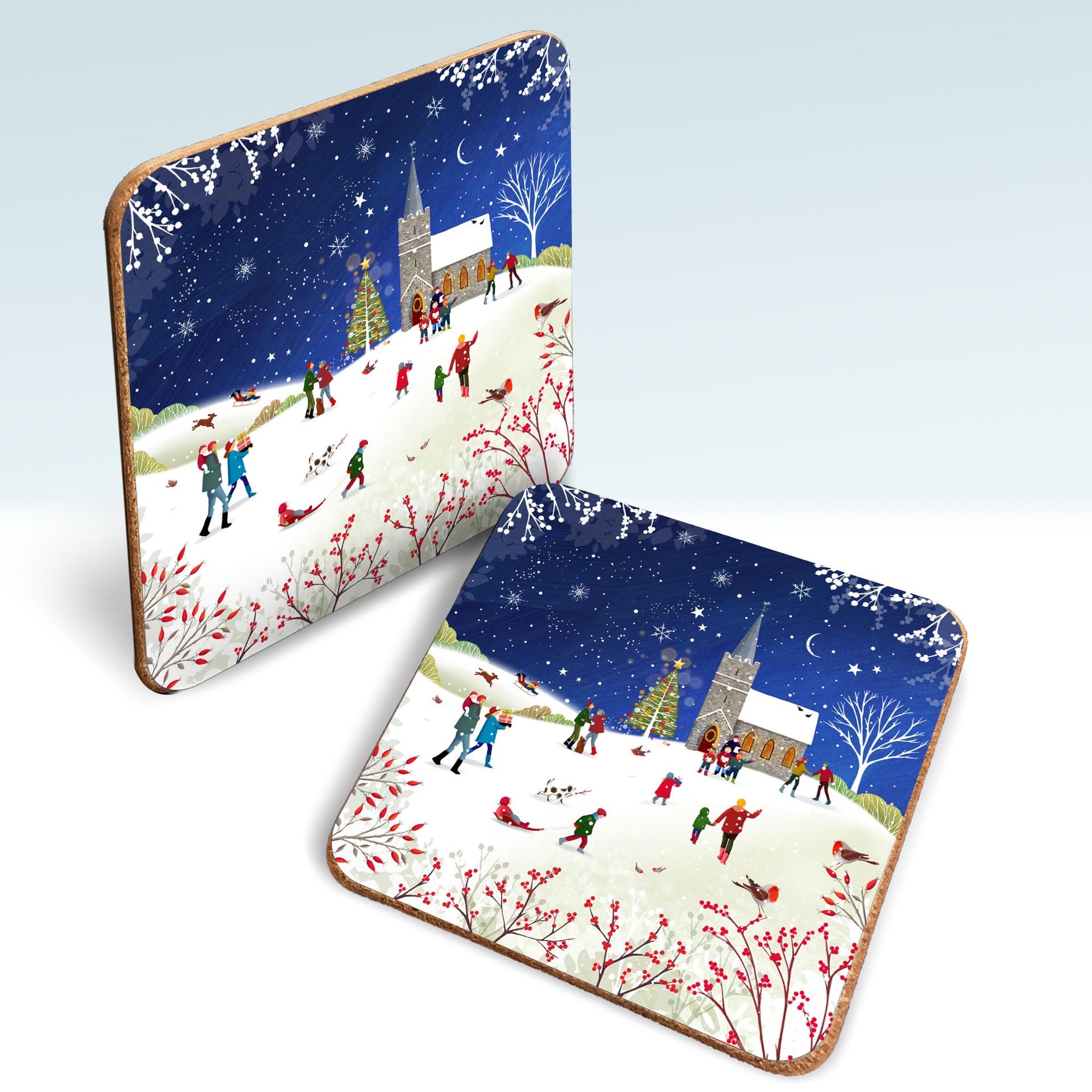 Snowy Church Christmas Coaster