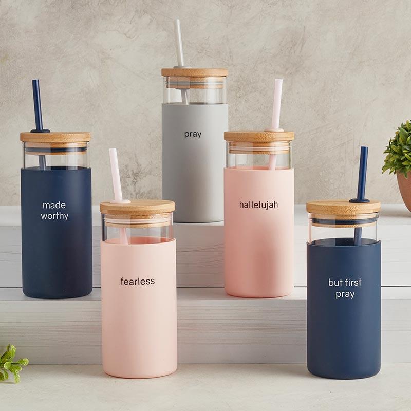 Boxed Glass & Bamboo Tumbler with Straw - But First Pray