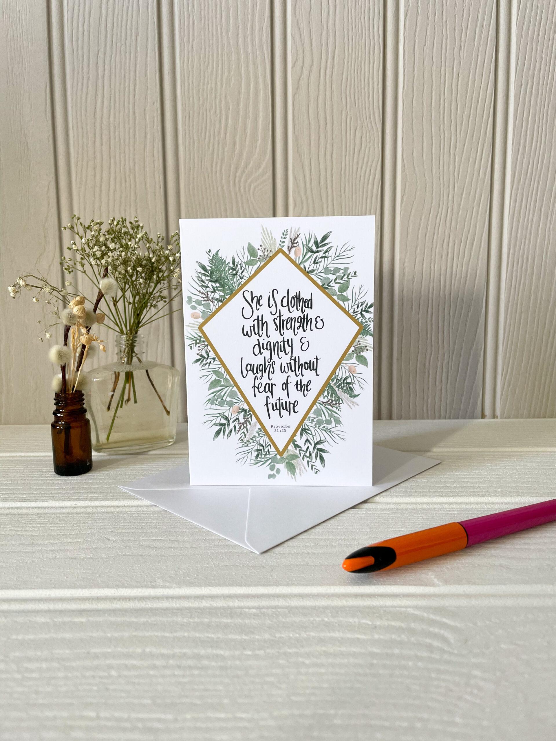 Proverbs 31:25 Diamond Border Greetings Card