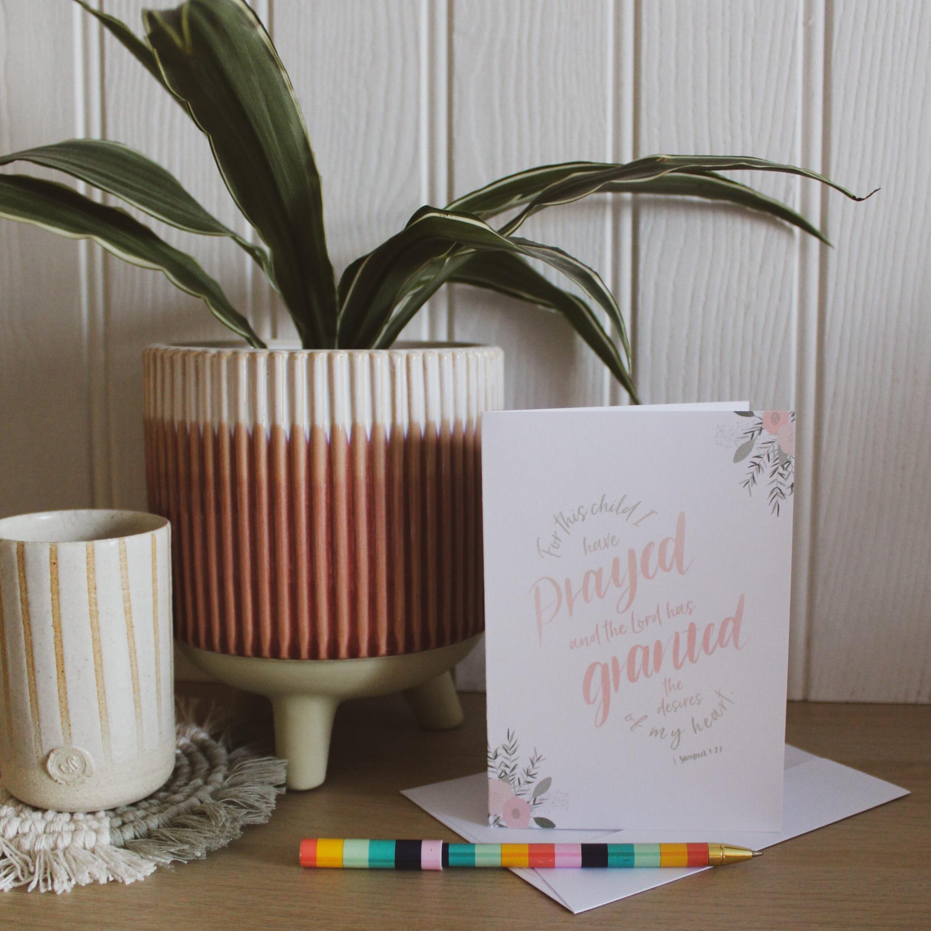 1 Samuel 1:27 Greetings Card In Pink Floral