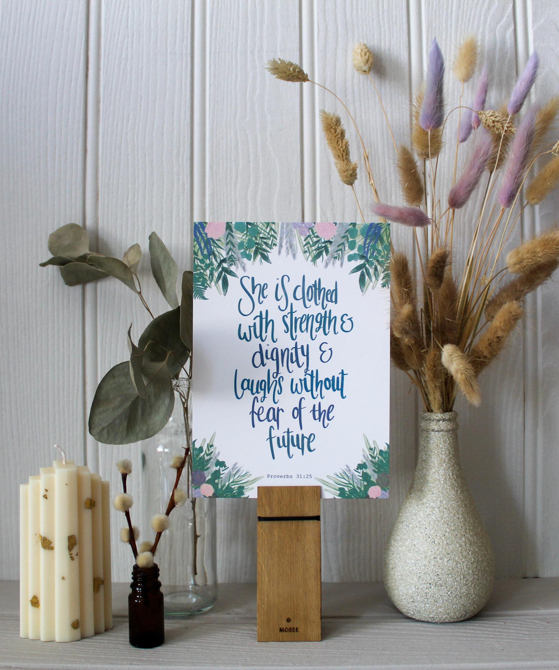 Proverbs 31:25 Floral Border Art Print (Size A5)