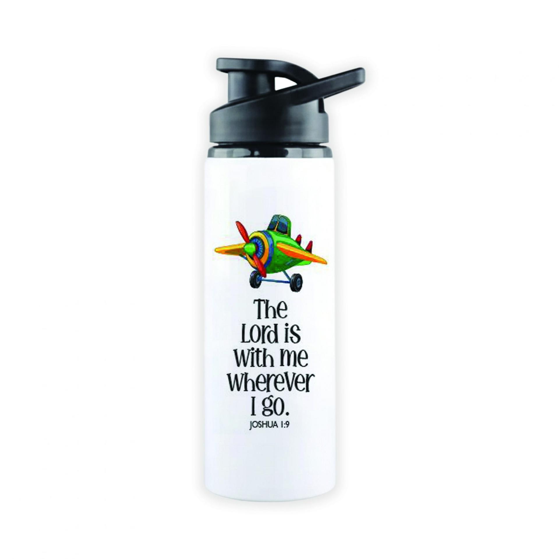 White Sports Bottle - Kids Theme - The Lord is with me wherever I go. Joshua 1:9