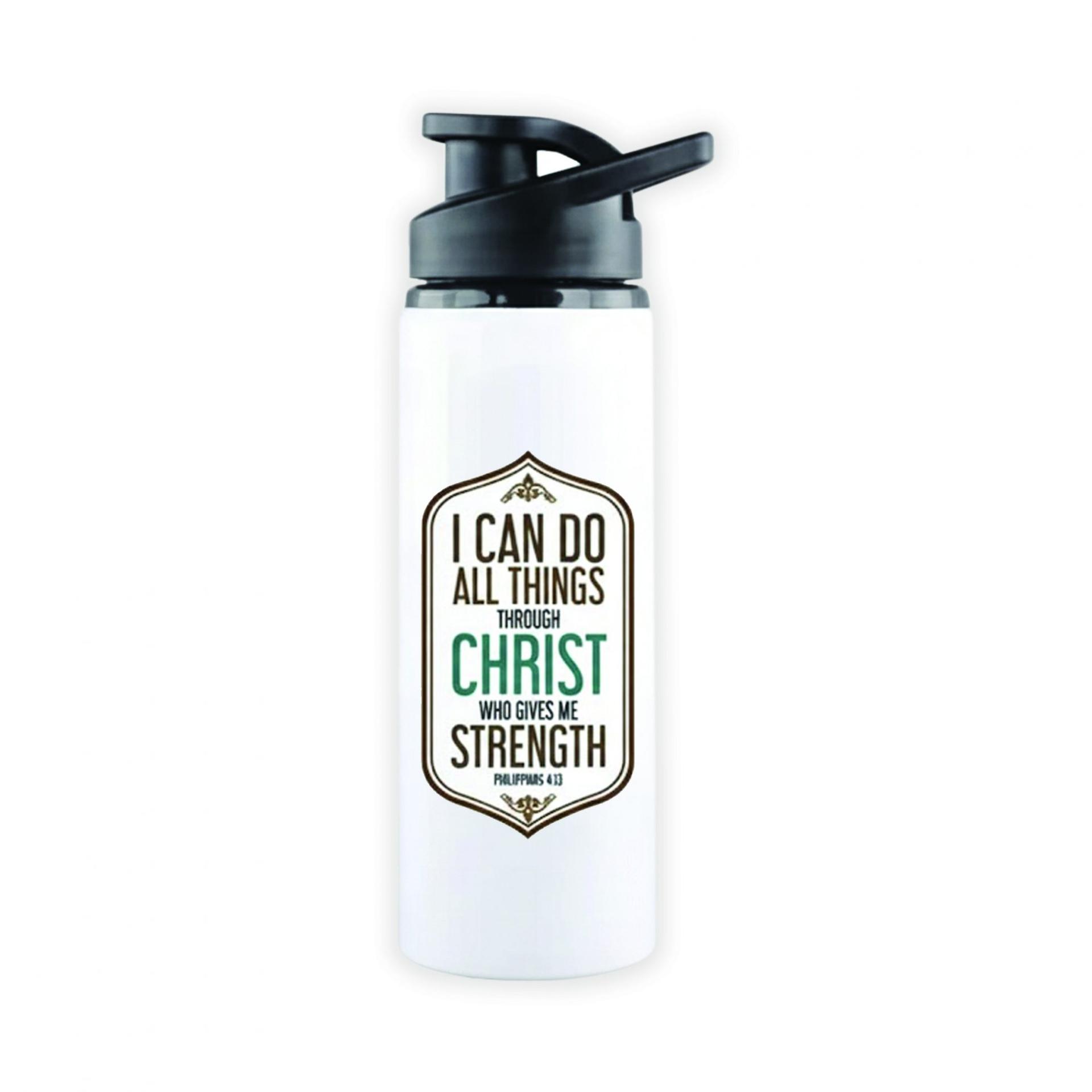 White Sports Bottle - I can do all things through Christ who gives me strength. Philppians 4:13