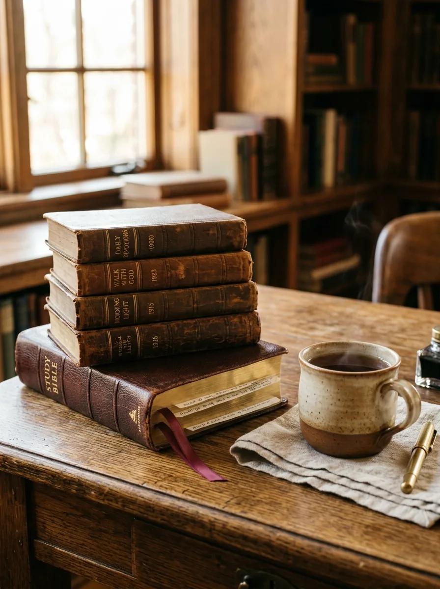 Leather-bound Christian Bible and study books on open study table