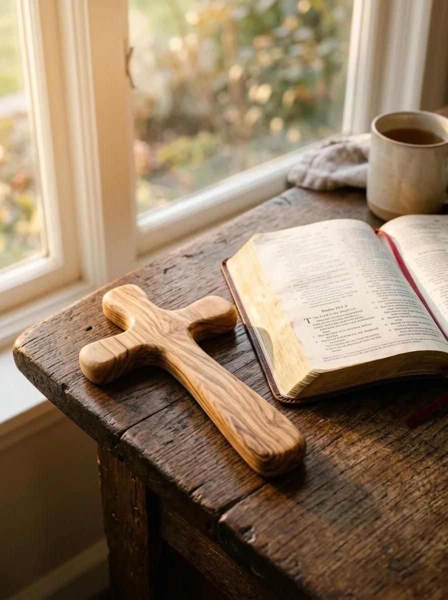 Bethlehem hand-carved olive wood comfort holding cross resting on natural linen