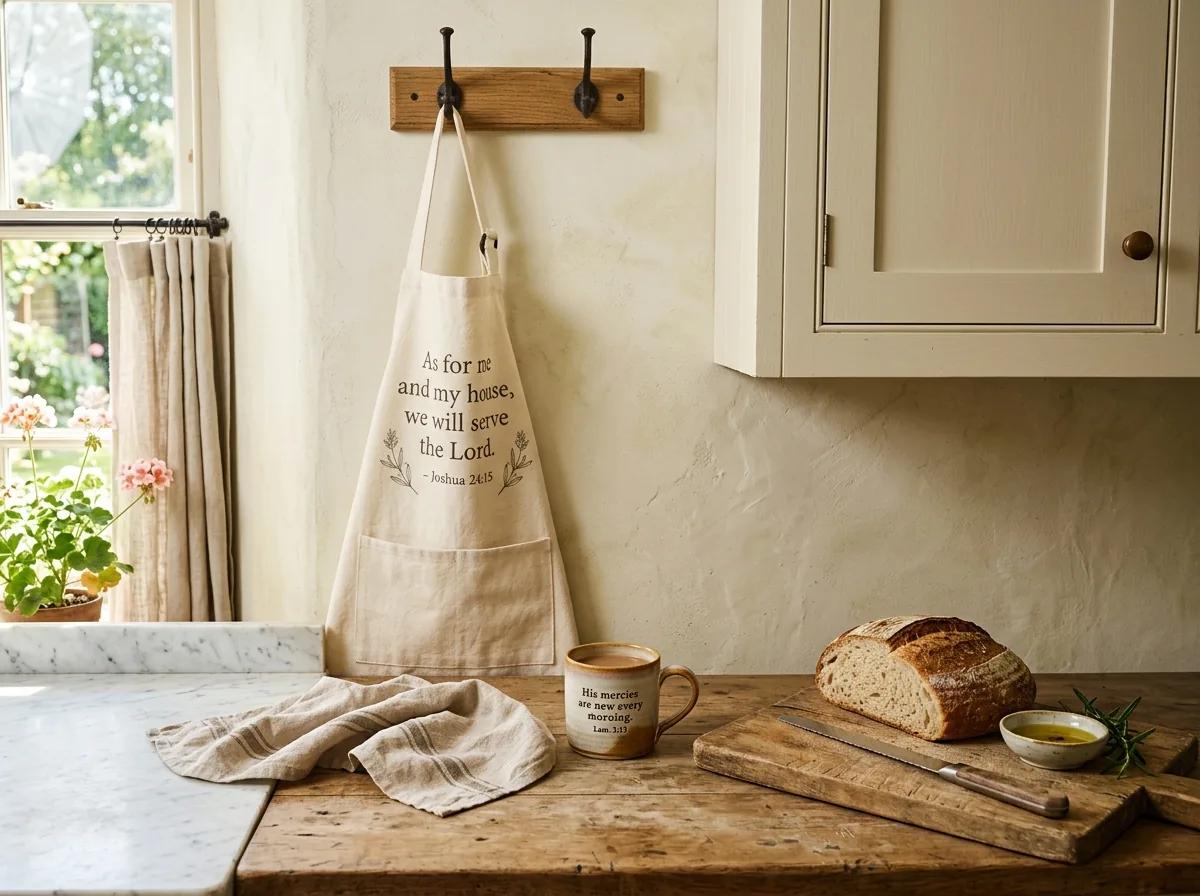 Heavenly Blessed Christian scripture apron, mug, and homeware on rustic kitchen countertop