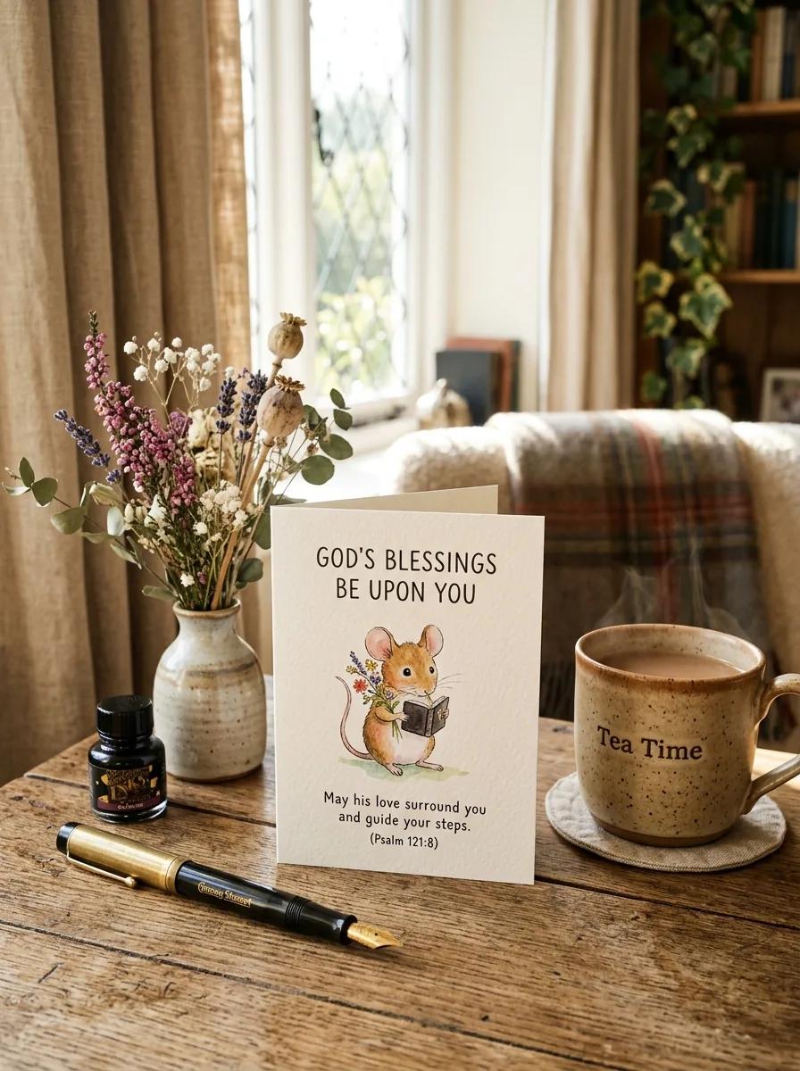 Potty Mouse Christian scripture greeting card standing on a warm wooden desk beside a vintage pen and morning tea