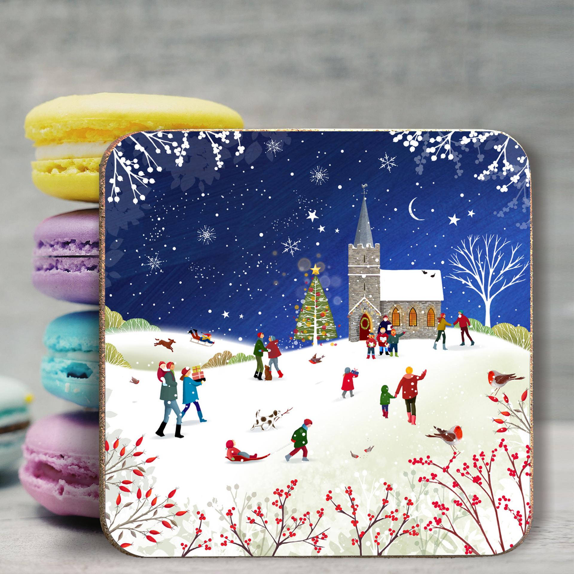 Snowy Church Christmas Coaster