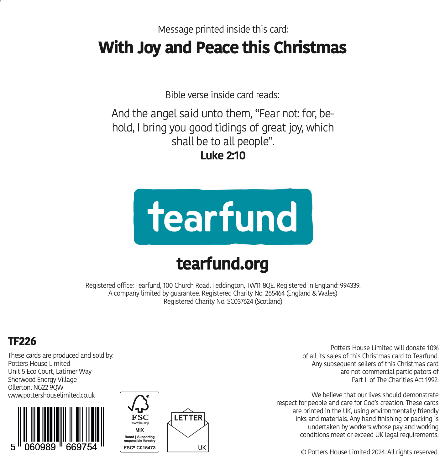 Tearfund - Peace on Earth Dove (Pack of 10)