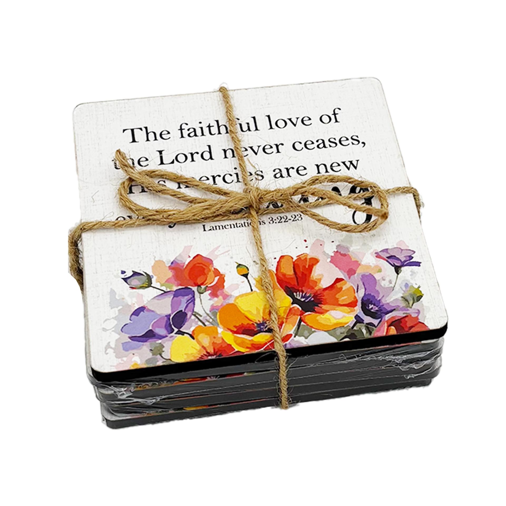 Set of 6 Wooden Coasters – “The Faithful Love of the Lord Never Ceases” (Lamentations 3:22–23)