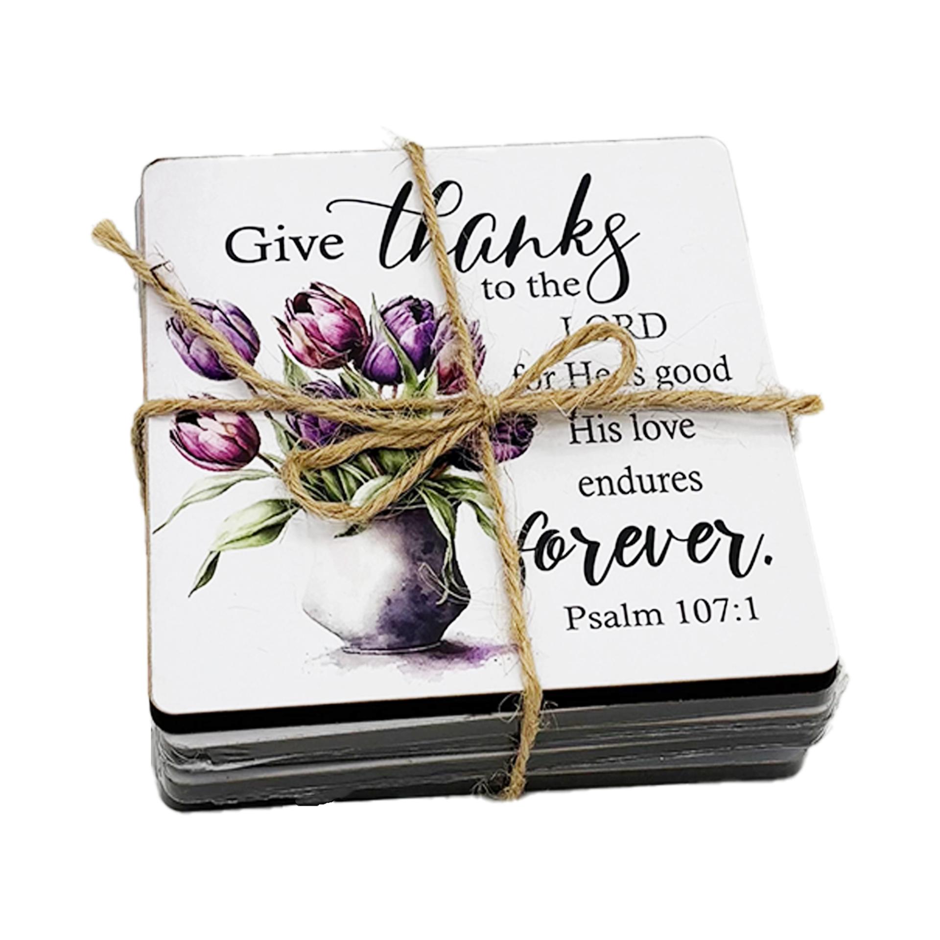 Set of 6 Wooden Coasters – “Give Thanks to the Lord for He Is Good” (Psalm 107:1)